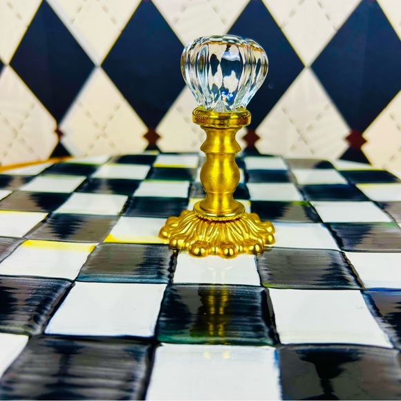 MacKenzie-Childs Cheese Platter Brass & Glass Finial Whimsical Checked Luxury - Picture 4 of 12
